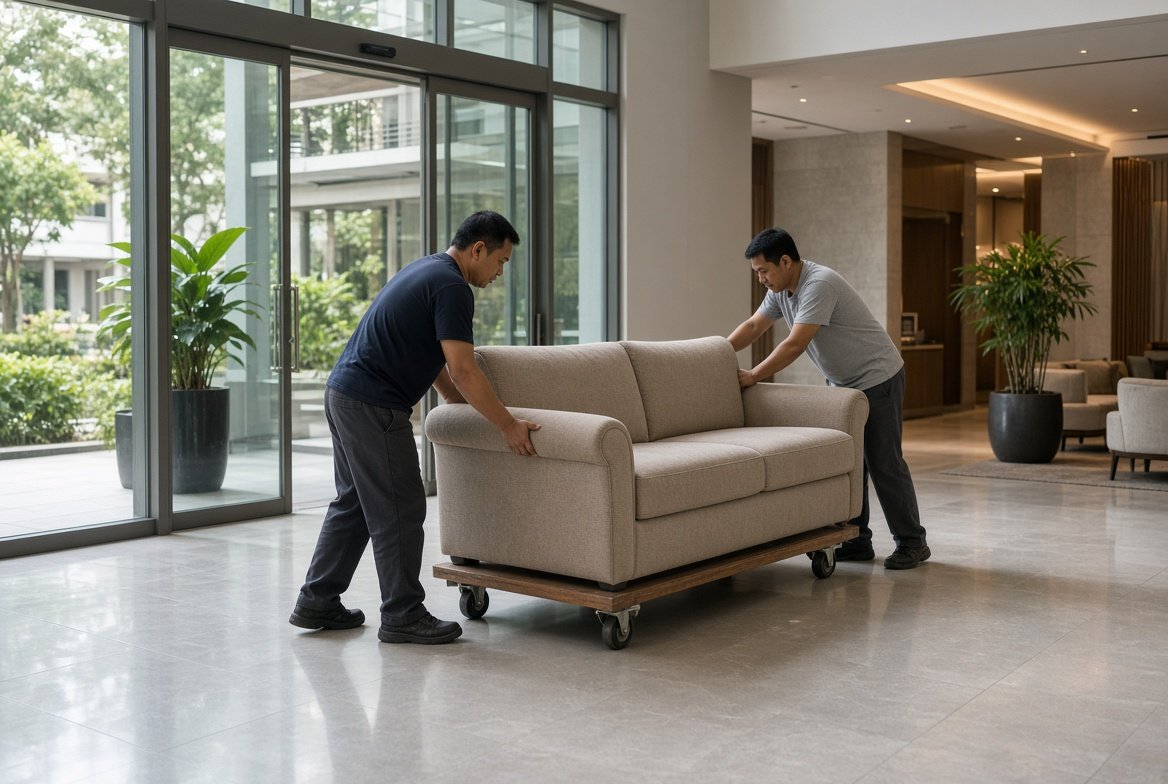 Wrapped sofa being loaded from a condo lobby