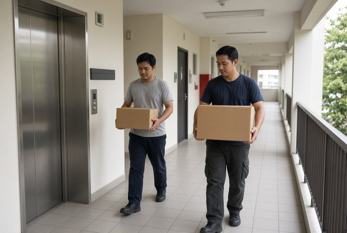 KSA Movers crew carrying boxes out of an HDB flat
