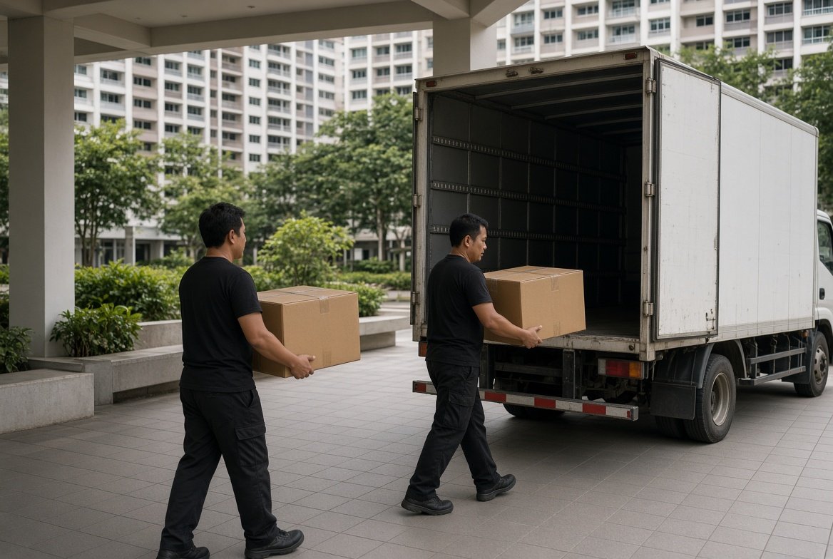 Movers loading a truck at a Singapore HDB block