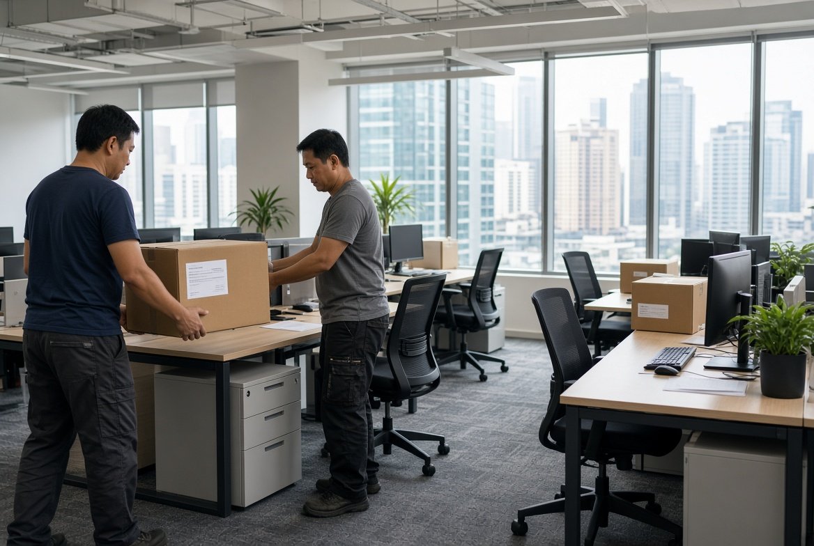 Crates and workstations being moved in an office