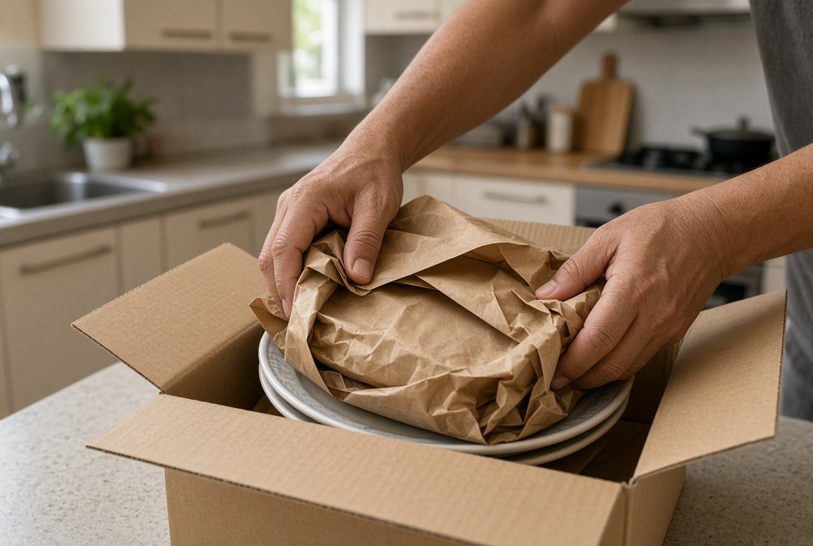 Packer wrapping plates in paper